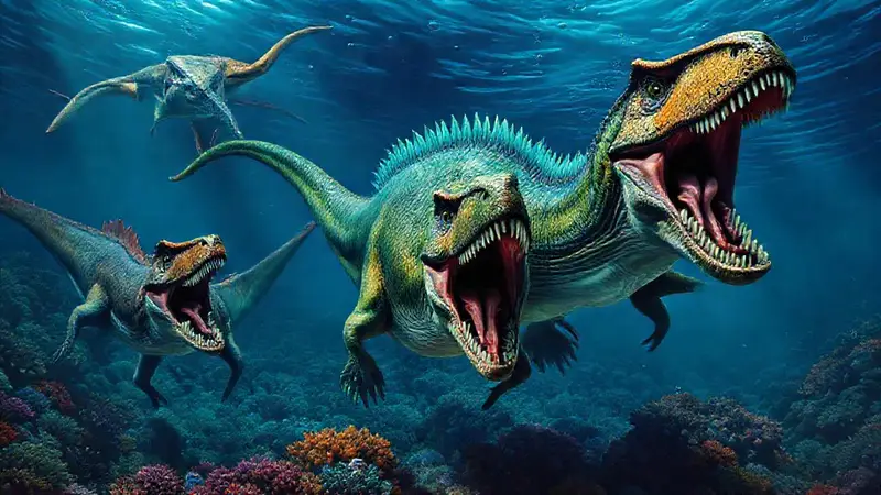 Dinosaurios acuáticos ferozmente nadando en corales