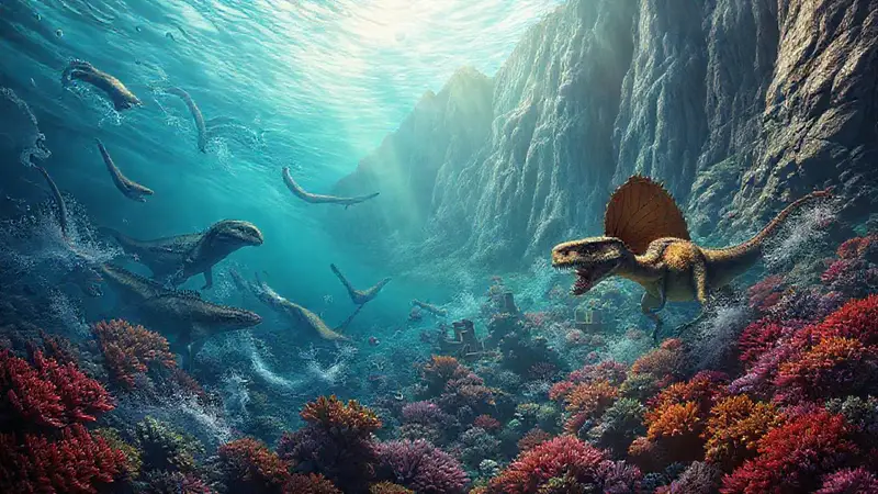 Escena marina prehistórica con dinosaurios acuáticos