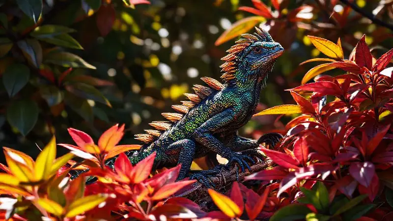 Microraptor camuflado en colorida vegetación
