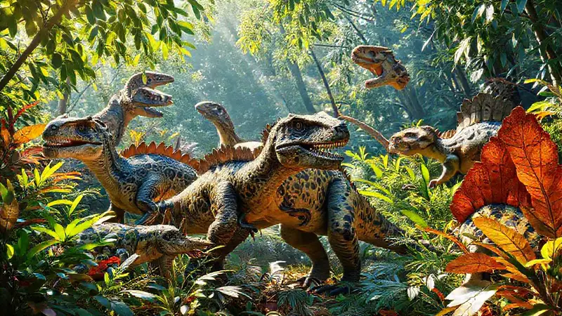 Dinosaurios camuflados en junglas prehistóricas vibrantes