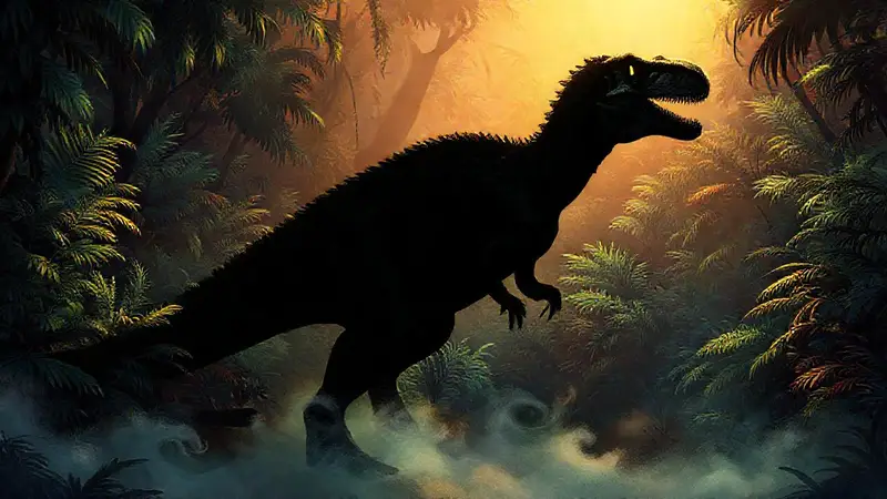 Dinosaurio en jungla prehistórica con misterio