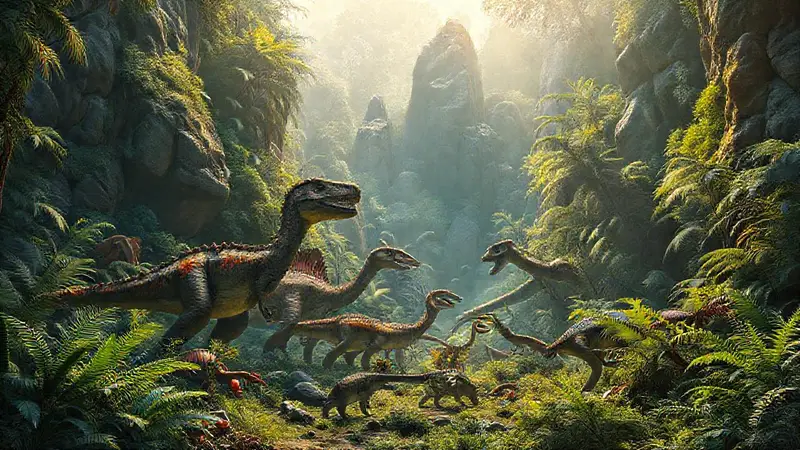 Dinosaurios coexistiendo en un entorno prehistórico