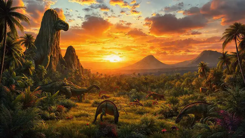 Prehistoria con dinosaurios y un atardecer dramático