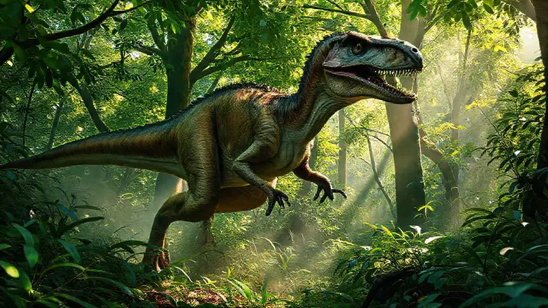 Deinonychus cazando en un bosque prehistórico