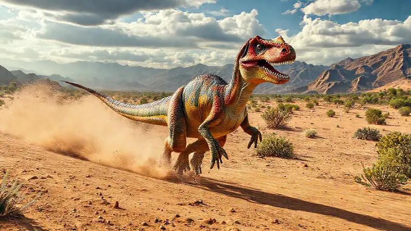 Dinosaurio veloz corre por paisaje árido