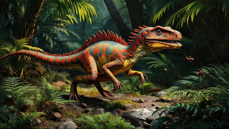 Compsognathus cazando en un paisaje prehistórico