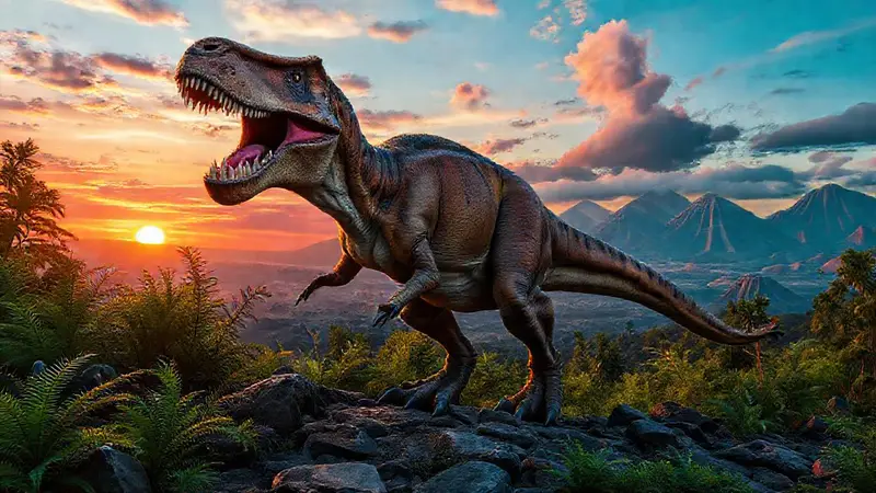 T-Rex majestuo en un paisaje prehistórico