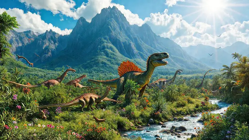 Dinosaurs en un paisaje prehistórico vibrante