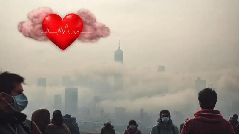 Paisaje urbano contaminado, personas con mascarillas