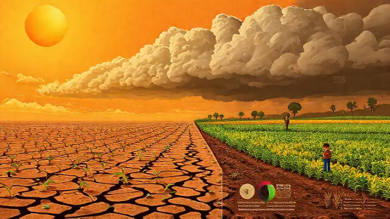 Campo seco y desolado con nubes tormentosas