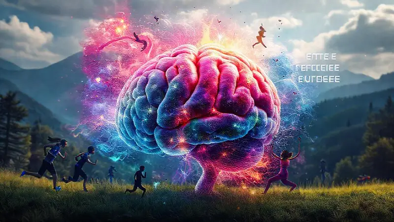 Cerebro vibrante rodeado de energía y salud
