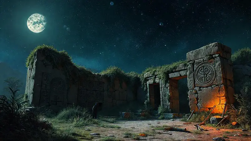 Ruinas antiguas bajo un cielo estrellado