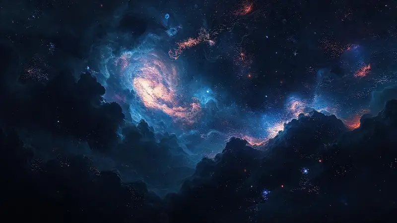Paisaje cósmico oscuro con galaxias y estrellas