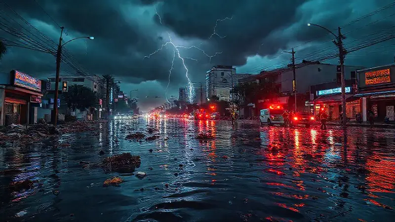 Una ciudad inundada con caos y emergencia