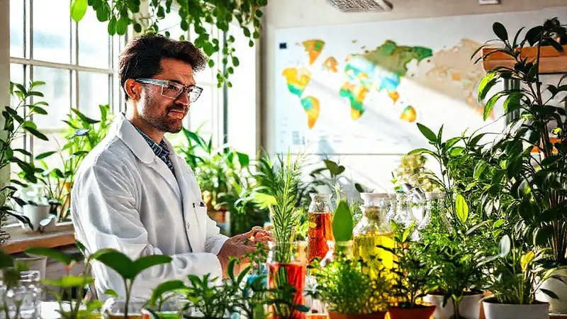 Científico en laboratorio ecológico y vibrante