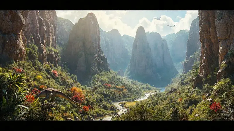 Paisaje jurásico con dinosaurios y biodiversidad