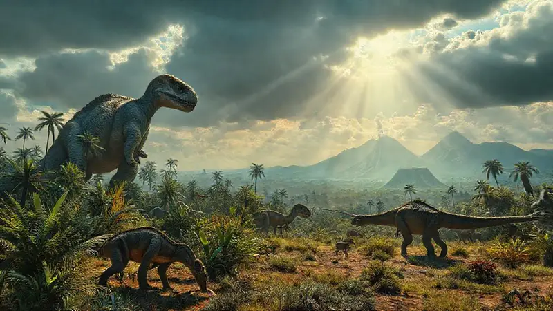 Gigantes prehistóricos en un paisaje exuberante