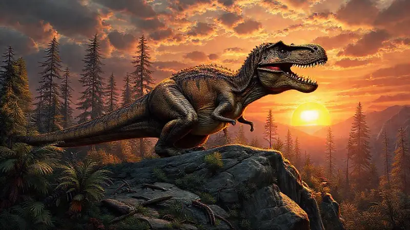 Allosaurus ruge en un acantilado al atardecer