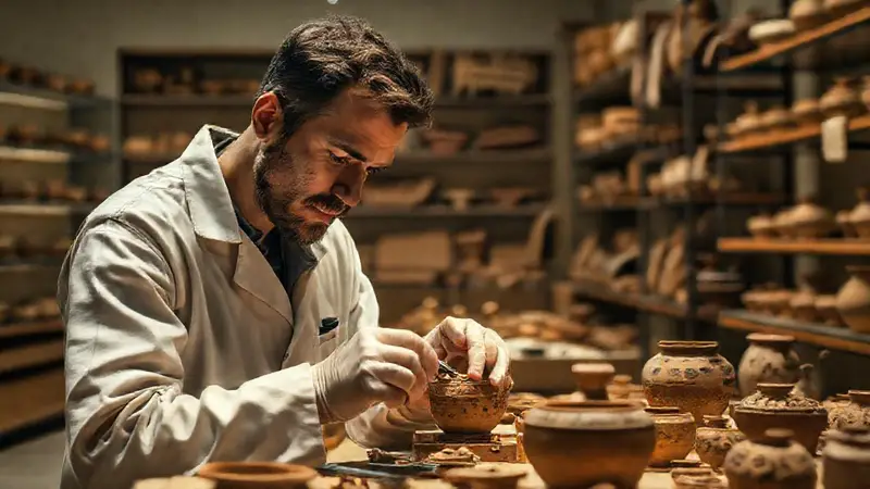 Conservador examina artefactos en museo iluminado
