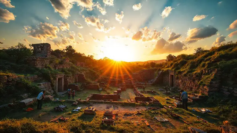 Ruinas antiguas destacan en un atardecer dorado