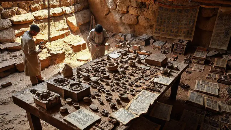 Arqueólogos examinan artefactos antiguos en excavación