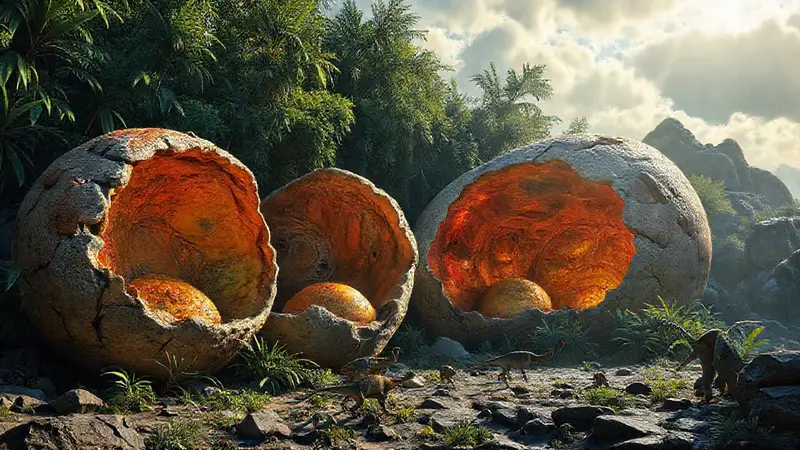 Huevos de dinosaurio vibrantes rodeados de naturaleza