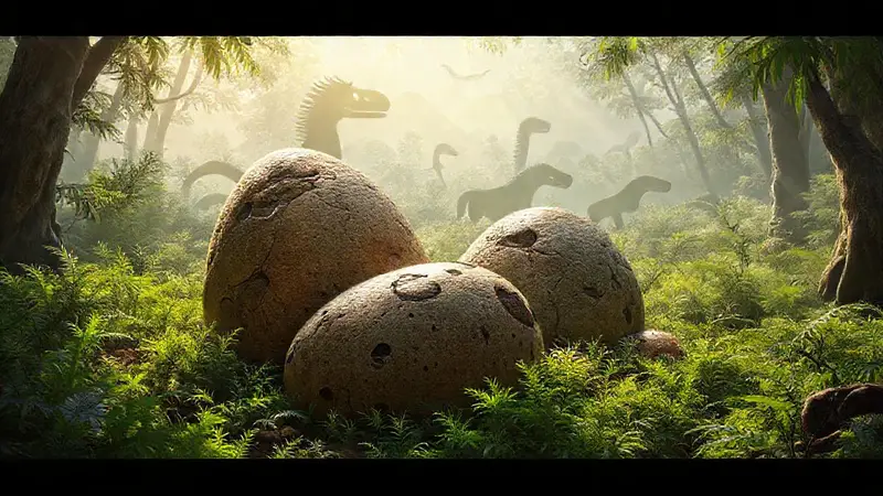 Huevos de titanosaurio en un paisaje prehistórico