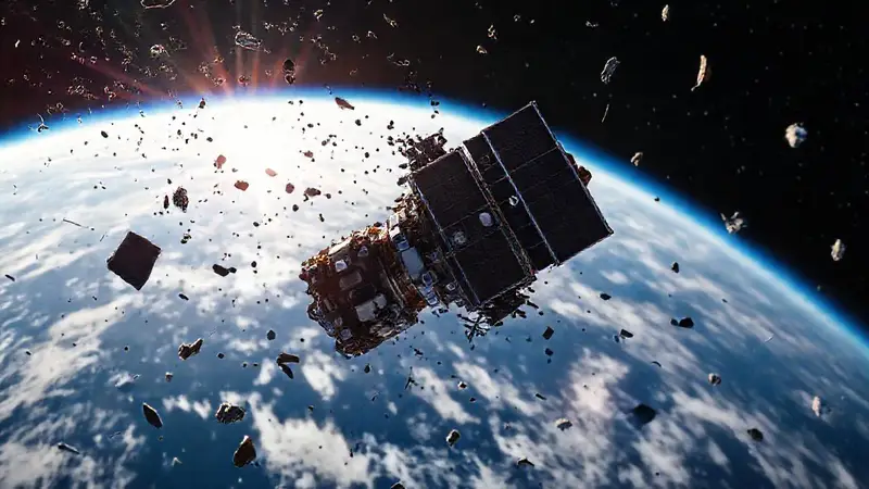Satélite rodeado de escombros en el espacio