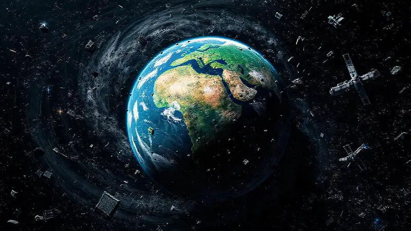 Tierra contaminada entre basura espacial brillante