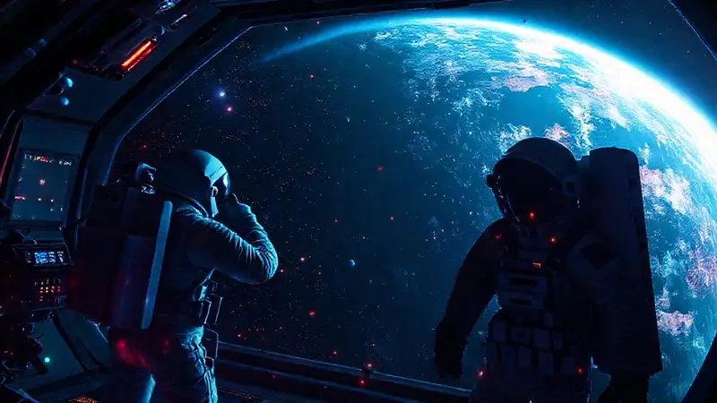 Astronautas en el espacio con radiación cósmica