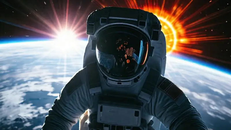 Astronauta en traje espacial con Tierra visible