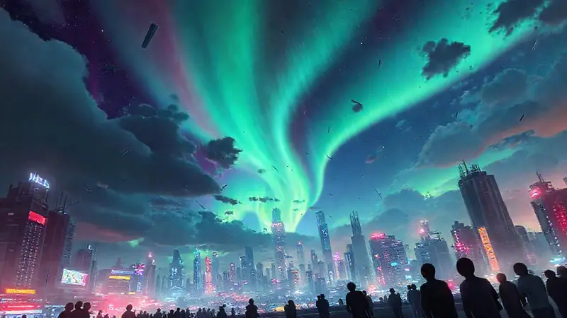 Ciudad futurista bajo aurora y caos tecnológico