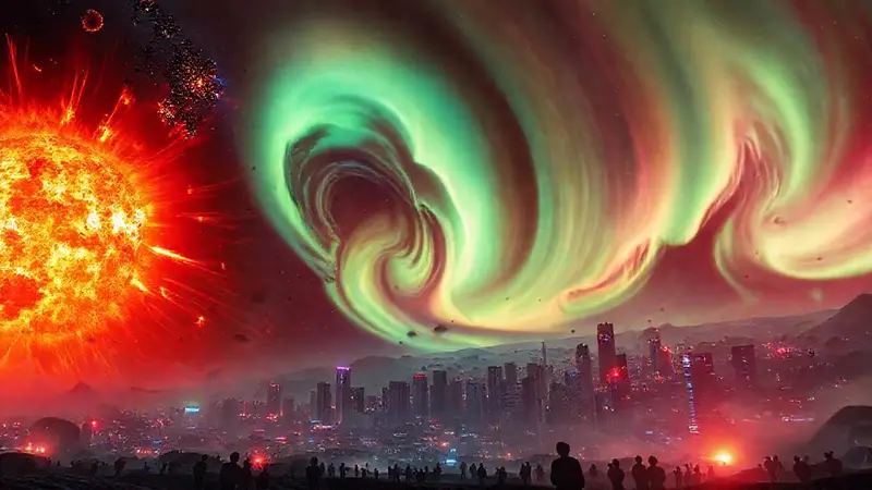 Tormenta solar asombra a una ciudad futurista