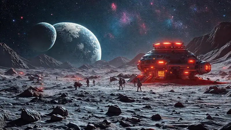 Base lunar futurista con astronautas y tecnología