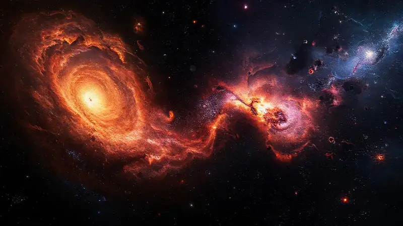 Paisaje cósmico oscuro con galaxias y estrellas