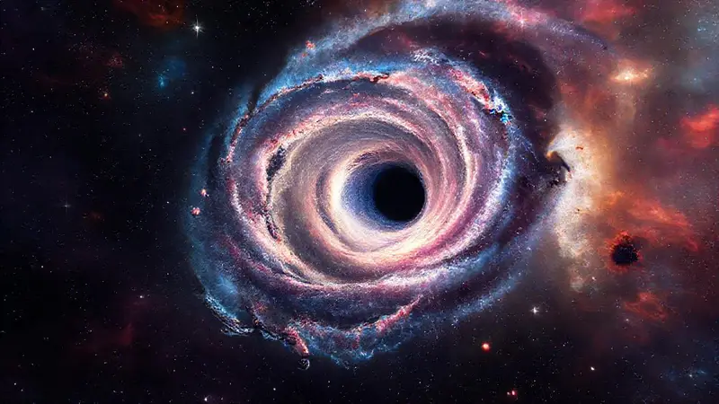 Agujero negro con disco brillante y estrellas