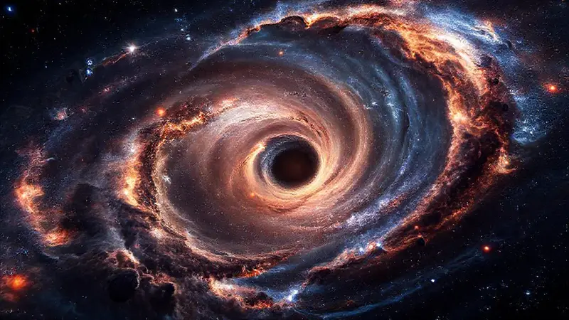 Vórtice cósmico con agujero negro y estrellas