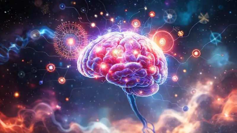 Cerebro humano rodeado de conexiones brillantes