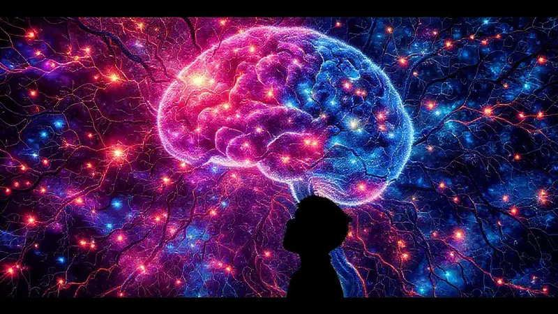 Conexiones neuronales y conciencia en colores vibrantes