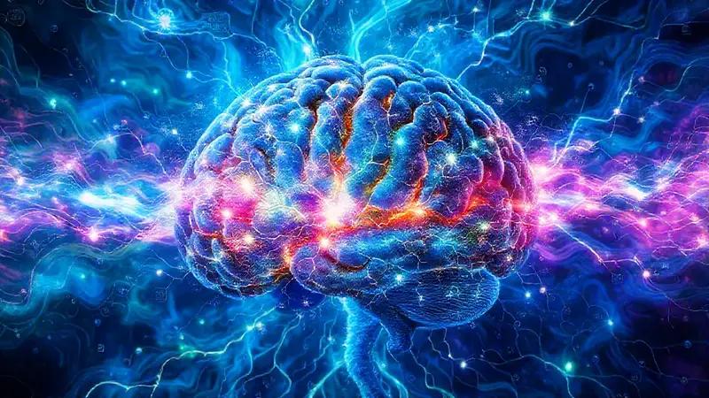 Cerebro abstracto con colores y energías vibrantes