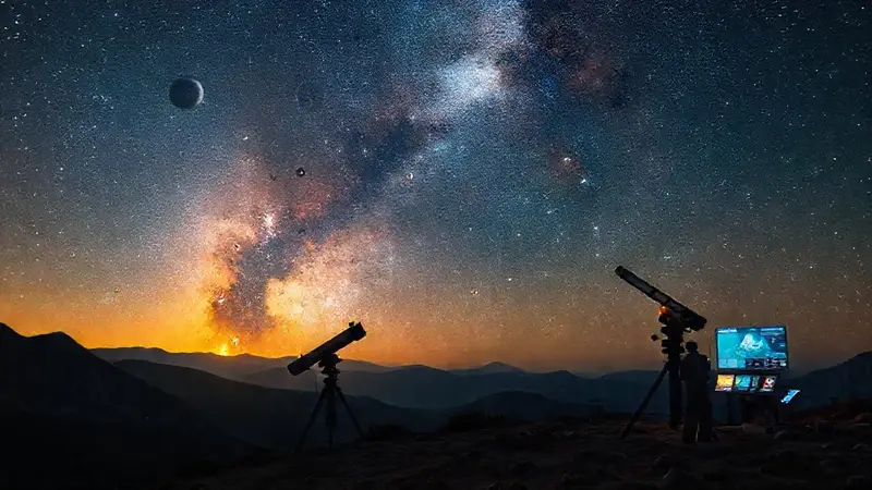 Cielo estrellado y científicos explorando el cosmos