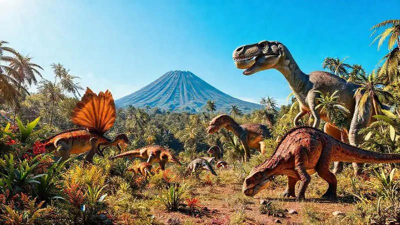 Dinosaurios interactuando en un paisaje prehistórico