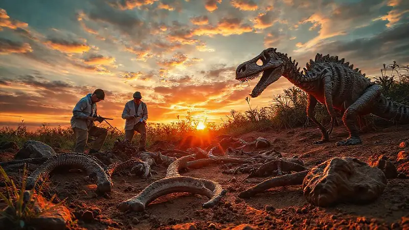 Excavación de fósiles de dinosaurios al atardecer