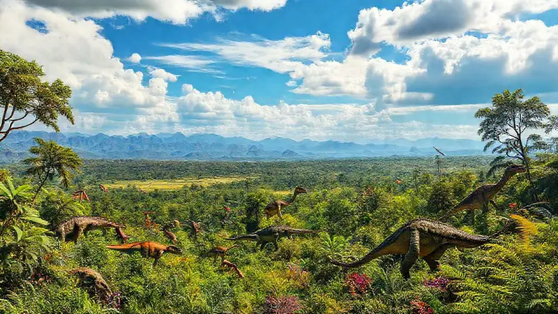Dinosaurios en un paisaje prehistórico vibrante