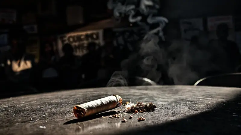 Cigarrillo roto en una mesa con sombras