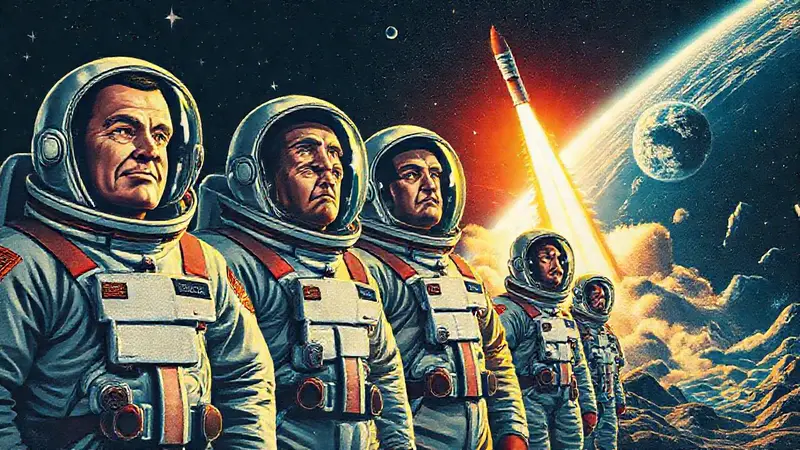 Astronautas icónicos en trajes espaciales vintage