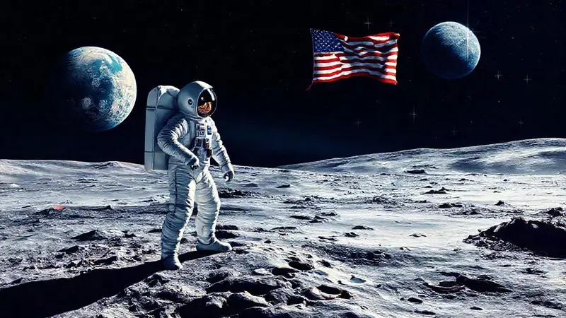 Armstrong en la Luna con la bandera