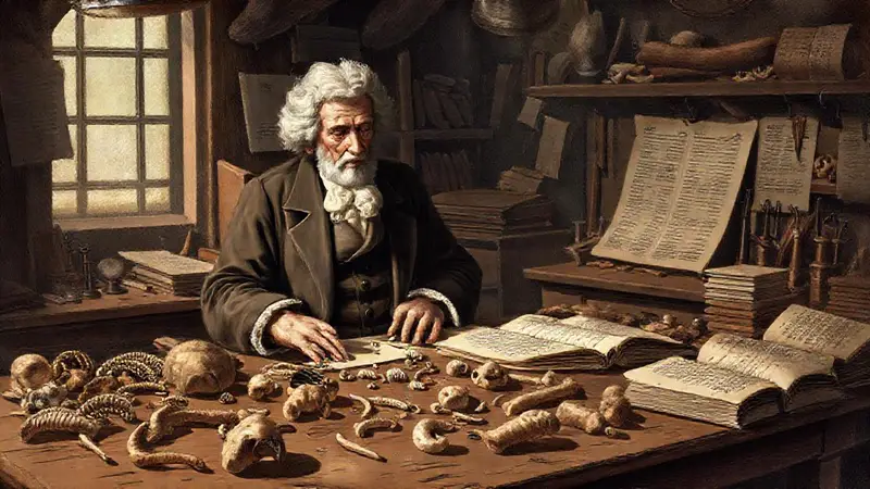 Cuvier estudia fósiles en un laboratorio antiguo