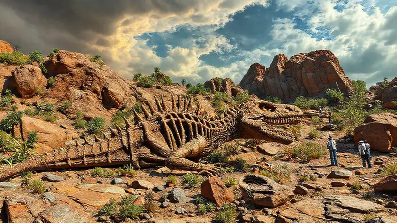 Restos de dinosaurios rodeados de plantas vibrantes