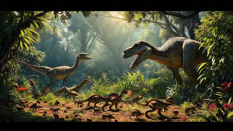 Mamíferos primitivos y dinosaurios en un paisaje prehistórico